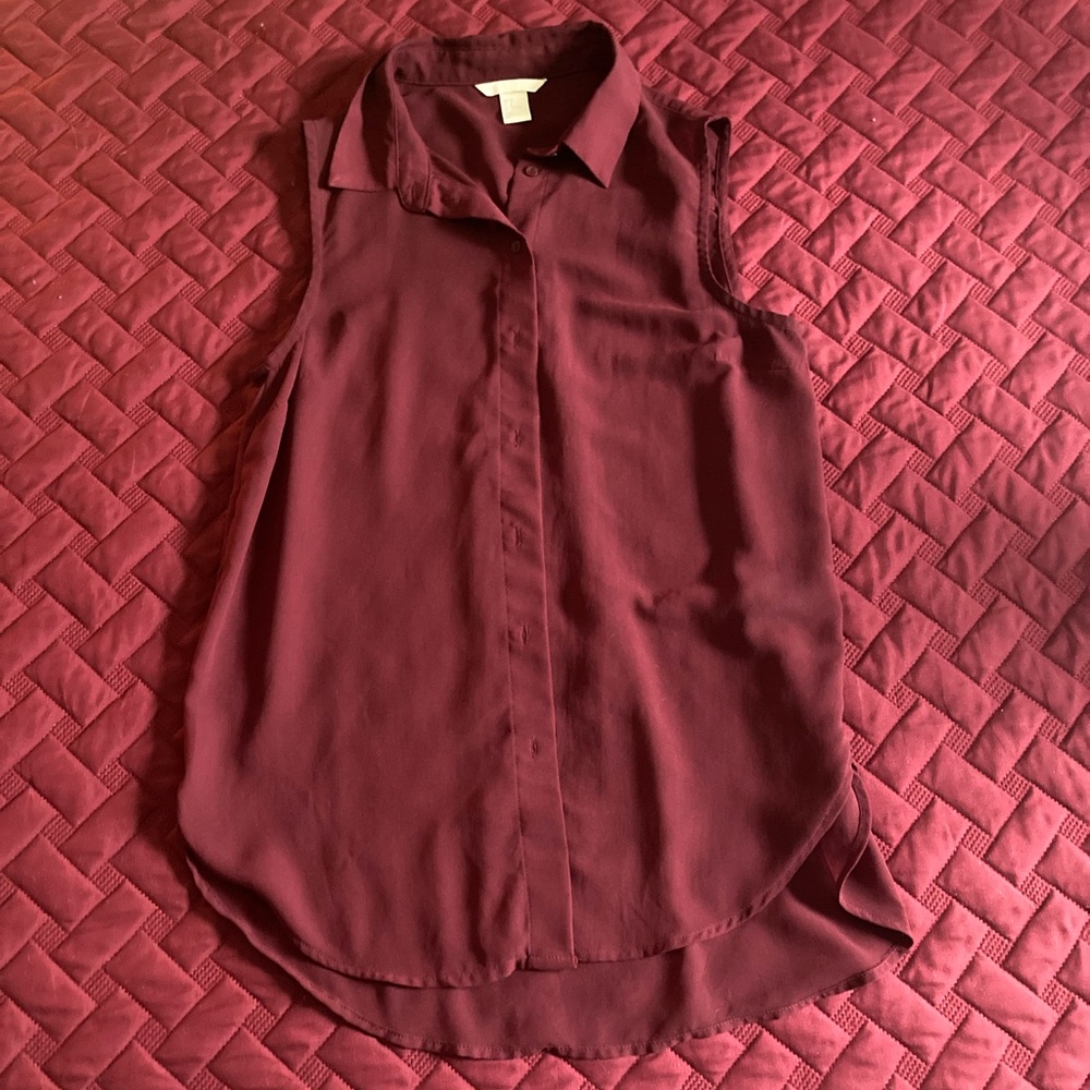 Burgundy Sheer Sleeveless Button-up Top
